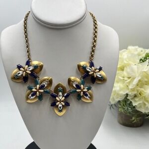 J. Crew Plated Rhinestone Antique Gold Teal Blue Jewelry Necklace